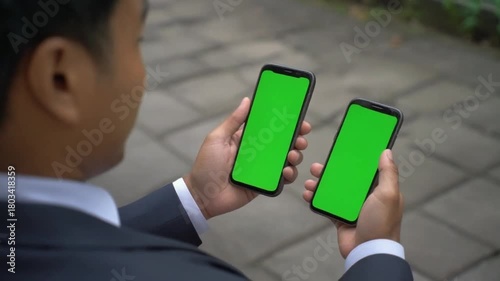 Slow pan shot of a businessman holding a smartphone showing greenscreen in smartphone, bright green screen background, no shadows.