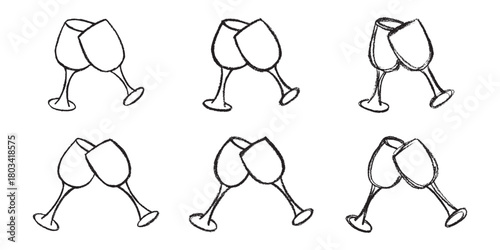 Set of hand drawn wine glasses clinking together Alcohol drink clipart in doodle style Single element for print, web, design, decor Happy New Year