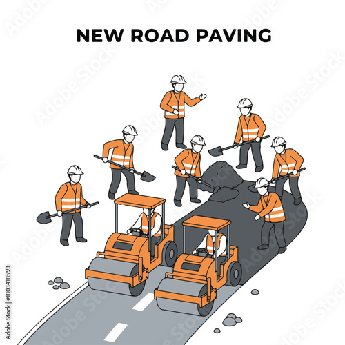 Construction workers spreading hot asphalt on the street, one using a shovel, another operating a roller compactor, safety cones around, flat vector illustration, minimalistic, white background