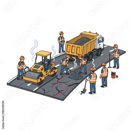 Construction workers spreading hot asphalt on the street, one using a shovel, another operating a roller compactor, safety cones around, flat vector illustration, minimalistic, white background