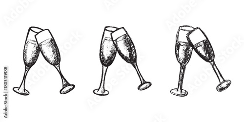 Set of hand drawn champagne glass Alcohol drink clipart in doodle style Single element for print, web, design, decor Happy New Year
