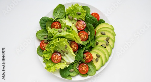Fresh vibrant salad with bright green spinach avocado juicy tomatoes and pumpkin seeds glowing under clean light. AI Generated