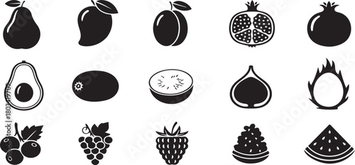 Collection of fruit silhouette icons for healthy lifestyle and diet designs