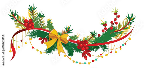 Festive Christmas garland with a yellow bow and red berry decoration.