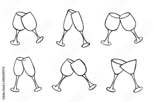 Set of hand drawn wine and champagne glasses Alcohol drink clipart in doodle style Single element for print, web, design, decor Happy New Year