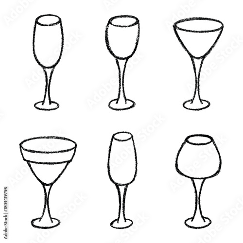 Set of hand drawn wine and champagne glasses Alcohol drink clipart in doodle style Single element for print, web, design, decor Happy New Year
