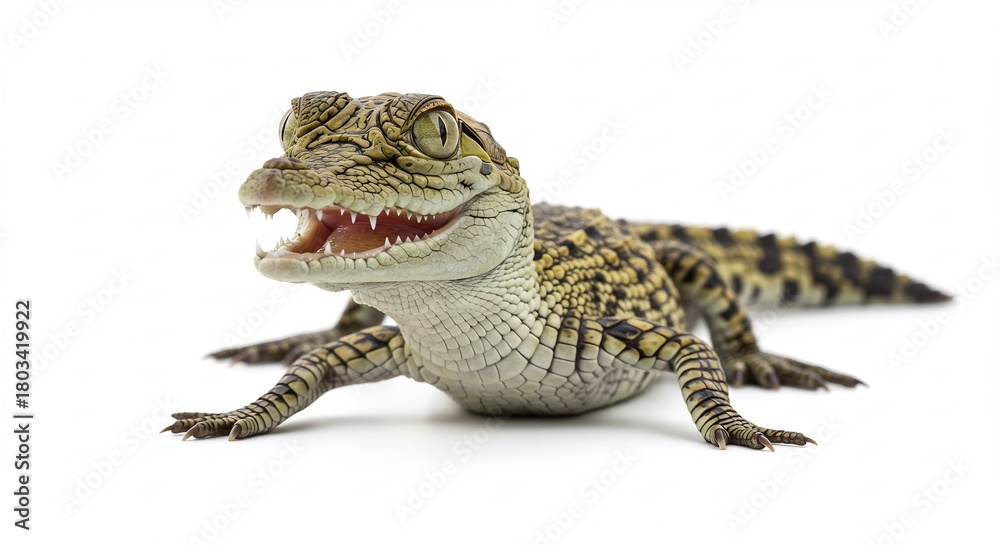 Obraz premium Tiny baby crocodile with textured skin playfully opens its mouth revealing sharp teeth brightly lit on a white backdrop. AI Generated