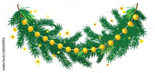 Christmas Holiday garland decoration with coniferous branches and light golden balls. 