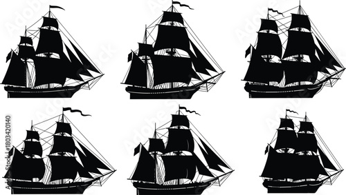 Vintage Sailing Ship Silhouette Set Featuring Historical Tall Ships, Nautical Vessels, Maritime Travel, and Classic Ocean Exploration Designs.