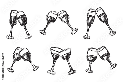 Set of hand drawn wine and champagne glasses Alcohol drink clipart in doodle style Single element for print, web, design, decor Happy New Year