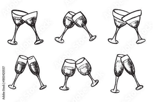 Set of hand drawn wine and champagne glasses Alcohol drink clipart in doodle style Single element for print, web, design, decor Happy New Year