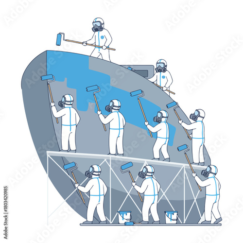 A ship crew member operating a crane to move cargo containers, wearing a helmet and radio headset, flat design, minimalistic vector, white background