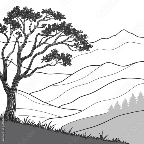 A monochromatic landscape illustration depicts rolling hills, a solitary tree with detailed branches, and a distant mountain range, creating a stark yet beautiful scene of natural scenery