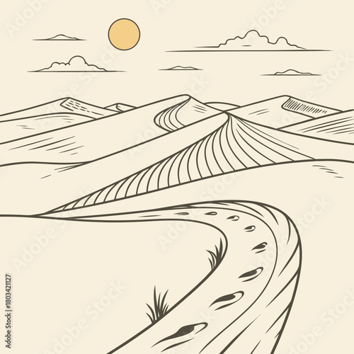 Serene desert landscape illustration featuring rolling sand dunes under a bright sun, with a winding path leading through the dunes, creating a sense of adventure and solitude in the vast expanse