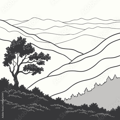 Monochrome illustration of a serene landscape with rolling hills, a solitary tree standing on a grassy knoll, and distant mountains under a clear sky isolated on