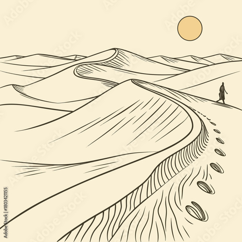 Detailed desert landscape illustration featuring rolling sand dunes under a bright sun, with a winding path and footprints leading to a lone figure, capturing a sense of journey and human presence