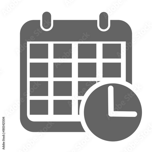 Flat vector graphic of a calendar with an overlaid clock, representing scheduling, time management, appointments, and deadlines