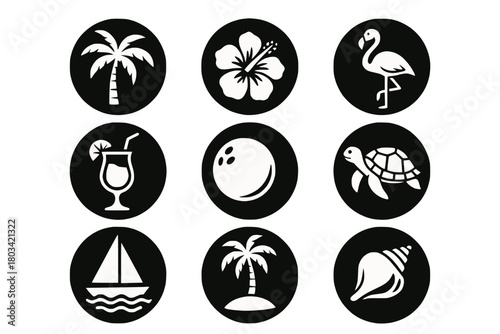 Nine circular black icons: palm, hibiscus, flamingo, drink, bowling ball, turtle, sailboat, shell.
