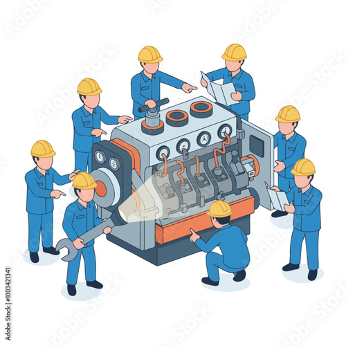 A ship crew member checking the ship engine in the engine room, holding a wrench and a flashlight, flat design, minimalistic vector style, white background.