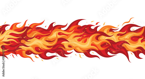 Dynamic horizontal band of stylized fire flames in vibrant red and orange hues, illustrating heat and energy against a clean white background.