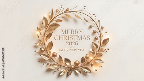Merry Christmas and Happy New Year 2026 elegant gold wreath on white minimal luxury greeting card