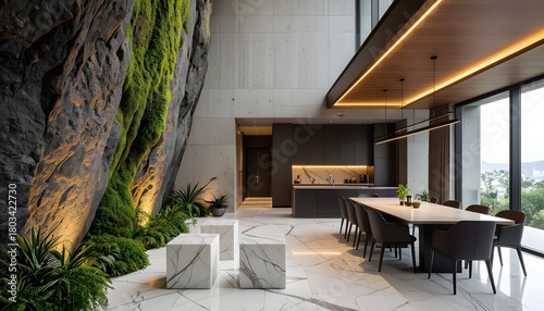 A contemporary interior with a tall moss-covered rock wall, sleek gray concrete paneling, polished marble floor, geometric marble stools, and a modern dining area with soft, warm lighting.