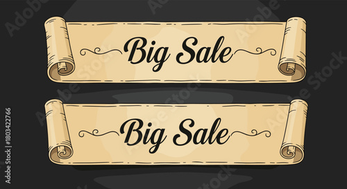 Two vintage scroll banners with 'Big Sale' text, ideal for advertising and promotions on a dark background.