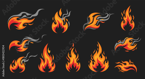 Set of vibrant pixelated fire elements with smoke trails on a dark background, ideal for games or digital art projects.