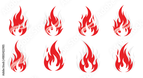 A collection of stylized red flame icons with white smoke, symbolizing heat, energy, passion, and warmth, isolated on a white background.