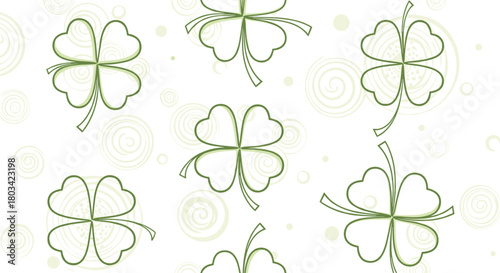 Seamless pattern of delicate green outline four-leaf clovers scattered on a white background with subtle light green swirling circles and dots.