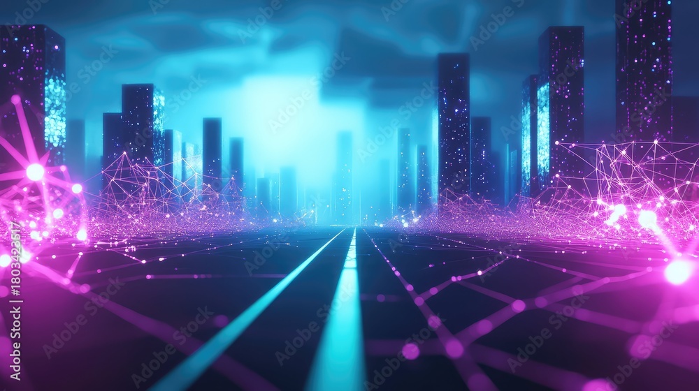 Obraz premium Futuristic smart city network connecting buildings and data