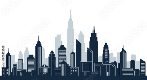 A minimalist illustration depicting a modern city skyline with various dark and light gray building silhouettes against a clean white background.