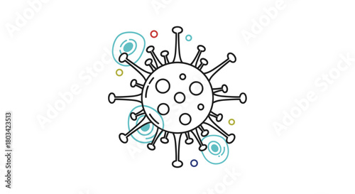 A black outline illustration of a stylized virus, possibly coronavirus, with spike proteins and colorful abstract cell-like elements, symbolizing infection.