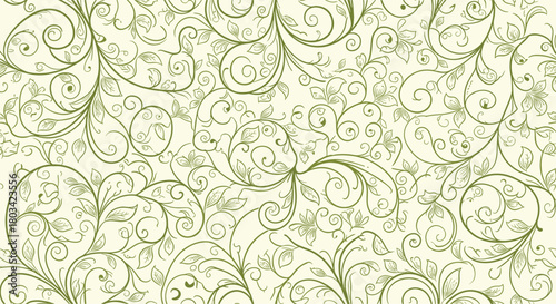 A seamless pattern of delicate green hand-drawn swirling vines, leaves, and floral motifs on a light cream background, evoking natural elegance.