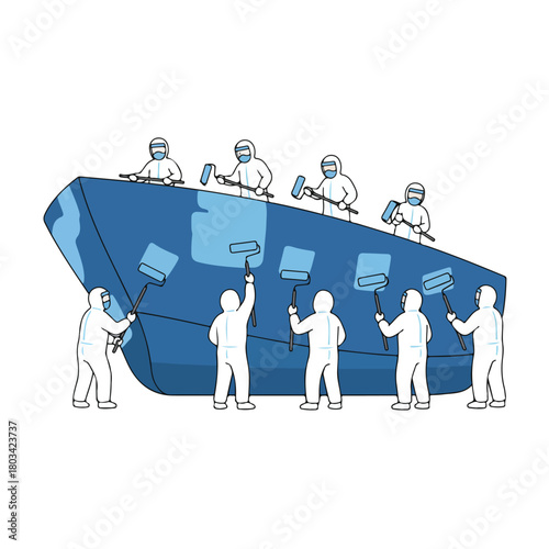 8 set ship crew member painting the ship’s hull with a roller brush, wearing a protective suit and mask, flat design, simple and minimalistic style, white background