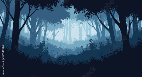 Pixel art illustration of a serene and misty forest with silhouetted trees and dense undergrowth in shades of blue.