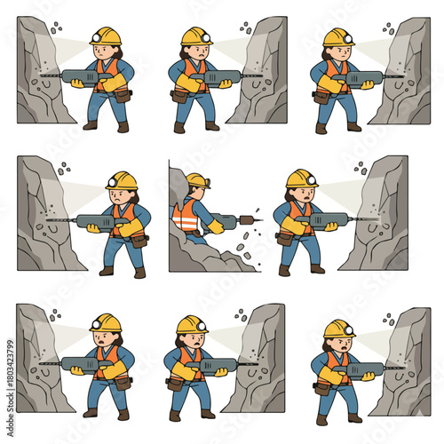 8 set female miner using a drill in a tunnel, wearing a helmet lamp and safety gloves, flat design, simple and minimalistic, white background