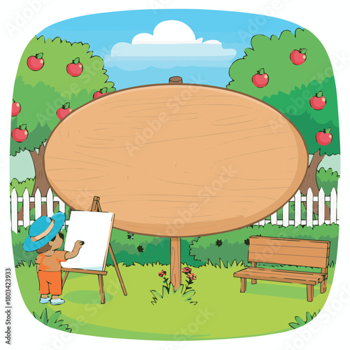 Vector a cartoon scene featuring a child painting near a large wooden sign in an apple orchard with bench