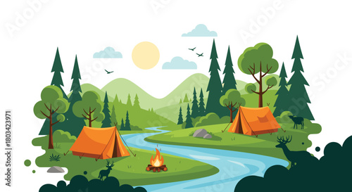 An idyllic summer day camping in a lush green valley, featuring orange tents, a meandering river, a warm campfire, and playful deer.