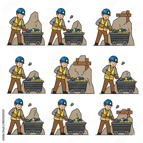 8 set miner loading minerals into a mining cart, wearing gloves and helmet, underground setting, flat design, white background, clean vector style.