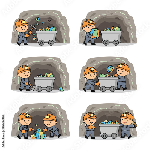 8 set miner loading minerals into a mining cart, wearing gloves and helmet, underground setting, flat design, white background, clean vector style.