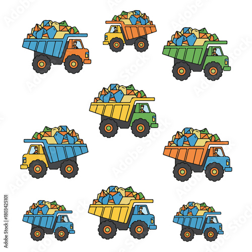 A surface miner driving a dump truck full of rocks, flat design, simple and minimalistic illustration, white background
