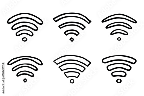 Set of hand drawn free wifi spot zone sign Public wi-fi area sign Wireless internet clipart in doodle style Single element for print, web, design, decor 3G, 4G, 5G, 6G, IoT