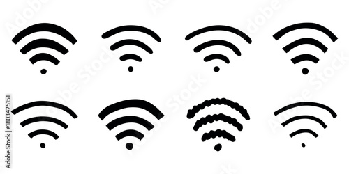 Set of hand drawn free wifi spot zone sign Public wi-fi area sign Wireless internet clipart in doodle style Single element for print, web, design, decor 3G, 4G, 5G, 6G, IoT