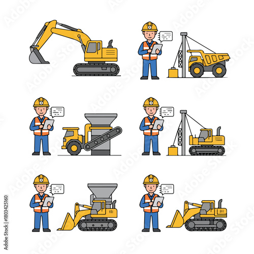 8 set mining engineer checking data on a tablet near heavy machinery, wearing a safety helmet and vest, flat design, simple and minimalistic, white background