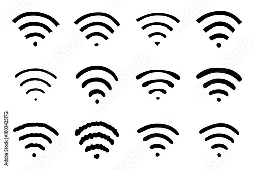 Set of hand drawn free wifi spot zone sign Public wi-fi area sign Wireless internet clipart in doodle style Single element for print, web, design, decor 3G, 4G, 5G, 6G, IoT