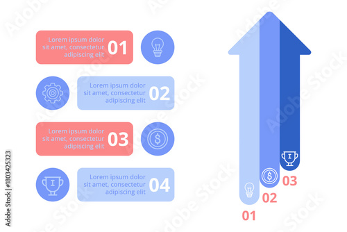 Infographic presenting four key steps to enhance productivity. Each step emphasizing importance of focus, financial planning, idea generation, and achieving goals in visually engaging way
