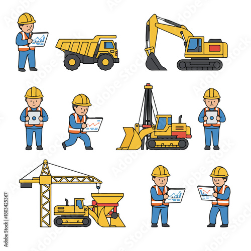 8 set mining engineer checking data on a tablet near heavy machinery, wearing a safety helmet and vest, flat design, simple and minimalistic, white background