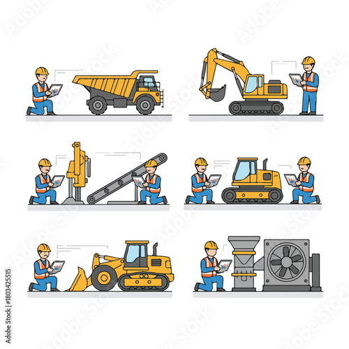 8 set mining engineer checking data on a tablet near heavy machinery, wearing a safety helmet and vest, flat design, simple and minimalistic, white background