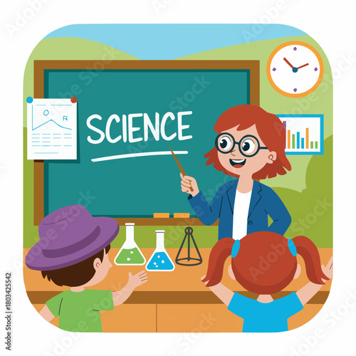 Vector a cartoon teacher explains science to students in a classroom with beakers and graphs on board